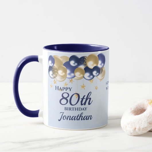 80ste verjaardag Navy Gouden Ballonnen Mok (Met donut)