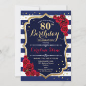 80ste verjaardag - Navy White Stripes en Red Roses Kaart (Voorkant)