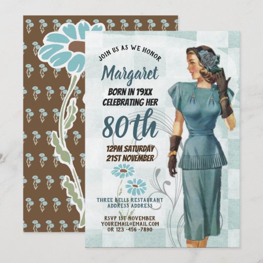 80ste verjaardag nodigt  retroArt Deco 3 uit Kaart (Voorkant / Achterkant)