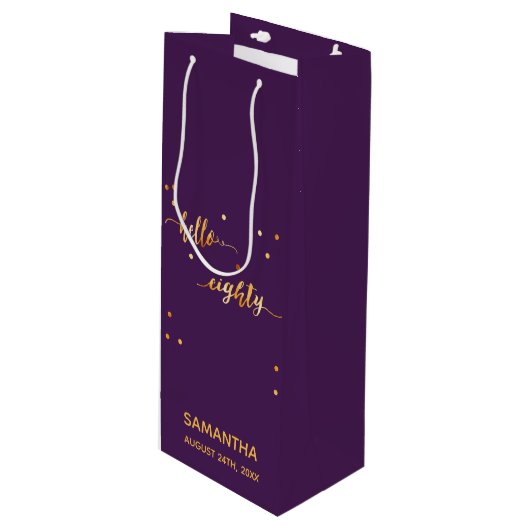 80ste verjaardag paars goud hallo 80 typografie wijn cadeautas (Voorkant Gekanteld)