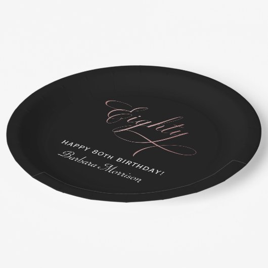 80ste Verjaardag Party Roos Gold Script Gepersonal Papieren Bordje (Gekanteld)