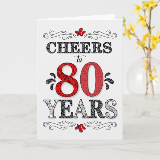 80ste verjaardag Proost in rood wit zwart patroon Kaart (Gele Bloem)