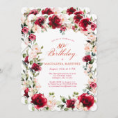 80ste verjaardag Red Rose Pink Peony Floral Kaart (Voorkant / Achterkant)