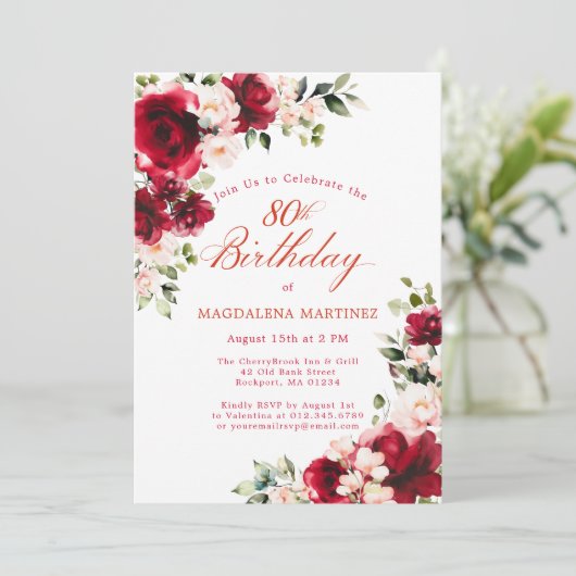 80ste verjaardag Red Rose Pink Peony Floral Kaart (Staand voorkant)