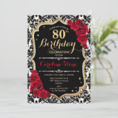 80ste verjaardag - Red Roses Gold Black Damask Kaart (Staand voorkant)