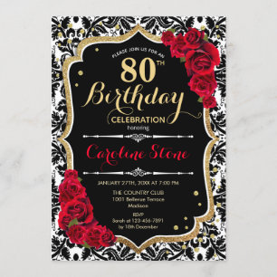 80ste verjaardag - Red Roses Gold Black Damask Kaart