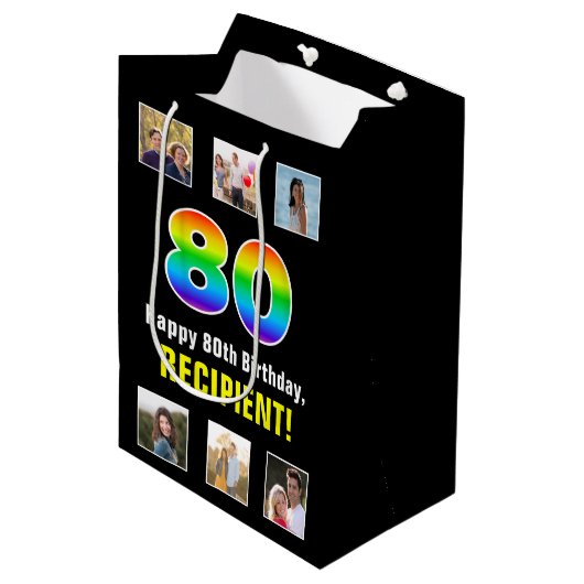 80ste verjaardag: Regenboog "80", aangepaste foto' Medium Cadeauzakje (Voorkant Gekanteld)