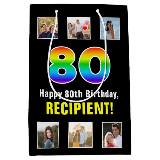 80ste verjaardag: Regenboog "80", aangepaste foto' Medium Cadeauzakje (Voorkant)