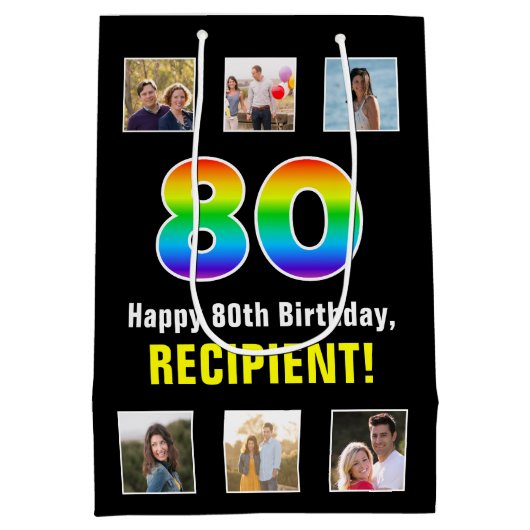 80ste verjaardag: Regenboog "80", aangepaste foto' Medium Cadeauzakje (Achterkant)