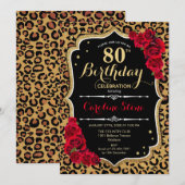 80ste verjaardag - Rode rozen Luipaard Print Kaart (Voorkant / Achterkant)