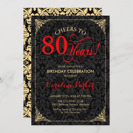 80ste verjaardag - Rood Goud Zwart Damask Kaart (Voorkant / Achterkant)
