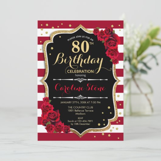 80ste verjaardag - Rood Goud Zwart Wit Strepen Roz Kaart (Staand voorkant)