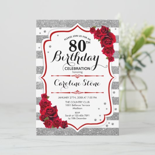 80ste verjaardag - rood zilver witte strepen Rozen Kaart (Staand voorkant)