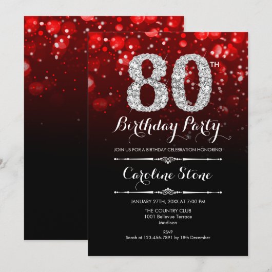 80ste verjaardag - Rood Zwart Zilver Kaart (Voorkant / Achterkant)