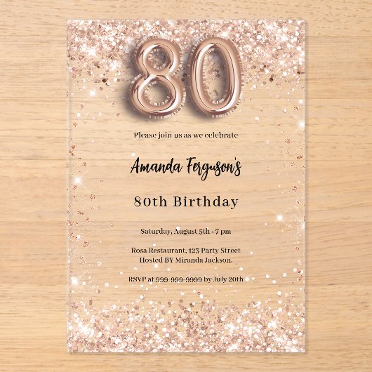80ste verjaardag roos Gold Clear Party Acryl Uitnodigingen (Voorkant)
