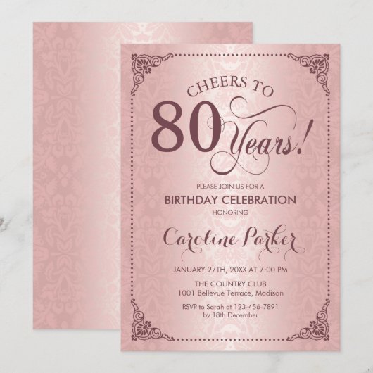 80ste verjaardag - Roos Gold Damask Kaart (Voorkant / Achterkant)