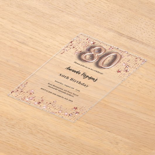 80ste verjaardag roos Gold Stars Clear Party Acryl Uitnodigingen (Laagn)