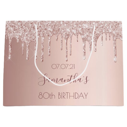 80ste verjaardag roos goud druipt roze groot cadeauzakje (Voorkant)