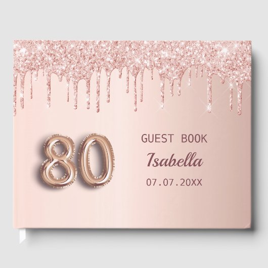 80ste verjaardag roos goud glitter roze monogram t gastenboek (Voorkant)