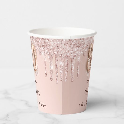 80ste verjaardag roos gouden druppels monogram papieren bekers (Rechts)