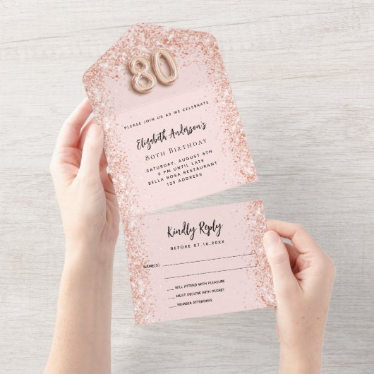 80ste verjaardag roos gouden glans partij RSVP All In One Uitnodiging (Afscheurbaar)