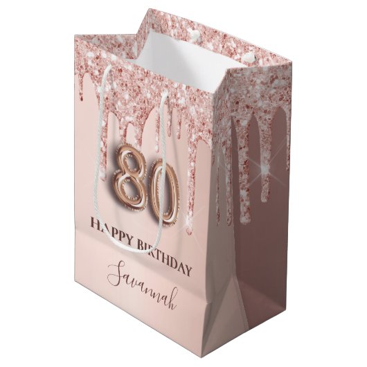 80ste verjaardag roos gouden glitter roze ballonst medium cadeauzakje (Voorkant Gekanteld)