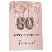 80ste verjaardag roos gouden glitter roze ballonst medium cadeauzakje (Voorkant)