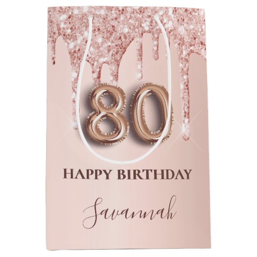 80ste verjaardag roos gouden glitter roze ballonst medium cadeauzakje (Voorkant)