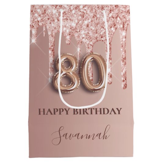 80ste verjaardag roos gouden glitter roze ballonst medium cadeauzakje (Achterkant)
