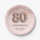 80ste verjaardag roos gouden glitter roze ballonst papieren bordje (Voorkant)