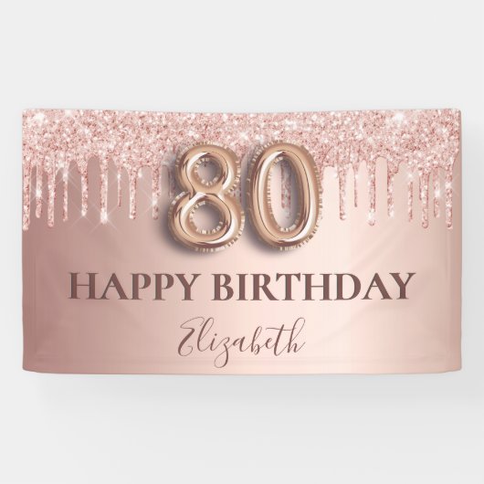 80ste verjaardag roos gouden glitter roze ballonst spandoek (Horizontaal)