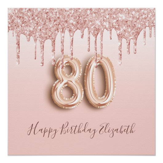 80ste verjaardag roos gouden glitter roze perfect poster (Voorkant)