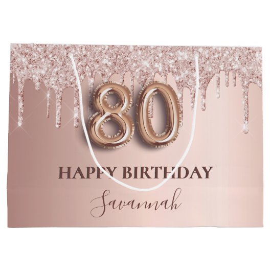 80ste verjaardag roos gouden roze druppels groot cadeauzakje (Achterkant)
