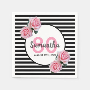 80ste verjaardag roze bloemen zwarte strepen naam servet