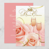 80ste verjaardag. Roze perzikRozen Kaart (Voorkant / Achterkant)
