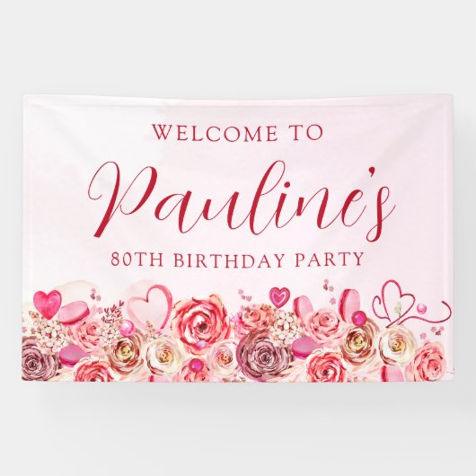 80ste verjaardag roze roos swirly hart welkom spandoek (Horizontaal)
