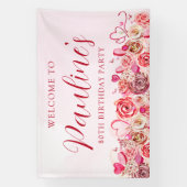 80ste verjaardag roze roos swirly hart welkom spandoek (Verticaal)