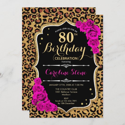 80ste verjaardag - Roze Rozen Luipaard Print Kaart (Voorkant / Achterkant)