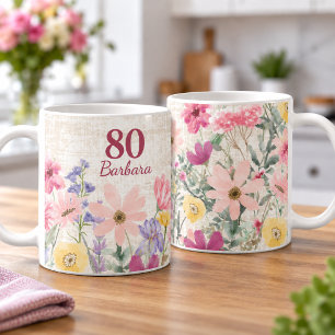 80ste verjaardag Roze wilde bloem aangepast cadeau Koffiemok