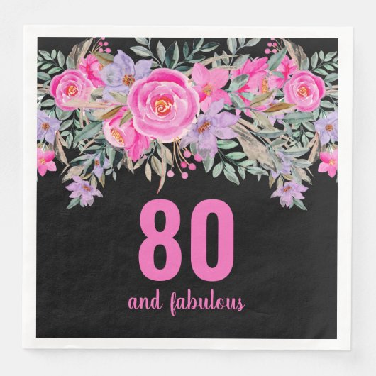 80ste verjaardag roze zwart bloemenfeestje servett servet (Voorkant)