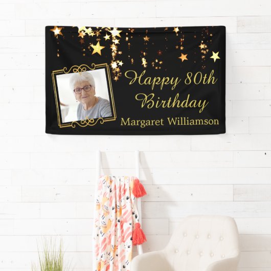 80ste verjaardag script Black Gold Stars Fotonaam Spandoek (Insitu)