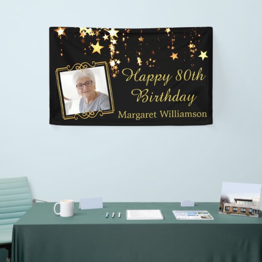 80ste verjaardag script Black Gold Stars Fotonaam Spandoek (Beurs)
