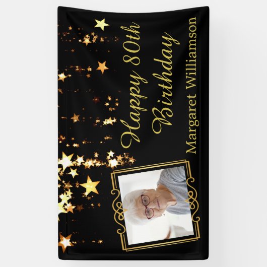 80ste verjaardag script Black Gold Stars Fotonaam Spandoek (Verticaal)