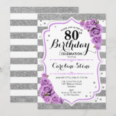80ste verjaardag - Silver White Stripes Paarse Roz Kaart (Voorkant / Achterkant)