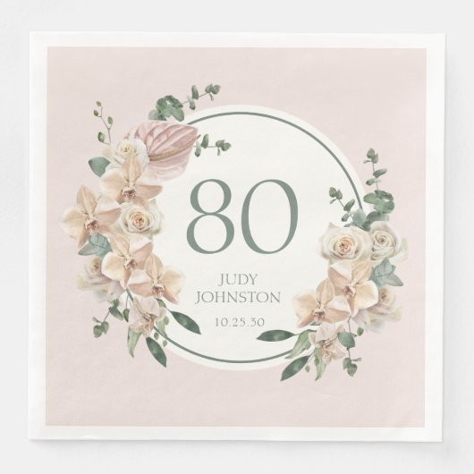 80ste verjaardag Tropische Bloemen Servet (Voorkant)