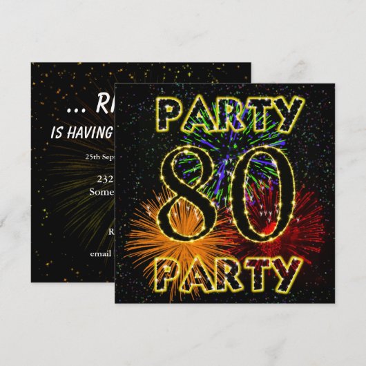 80ste verjaardag uitnodiging met vuurwerk (Voorkant / Achterkant)