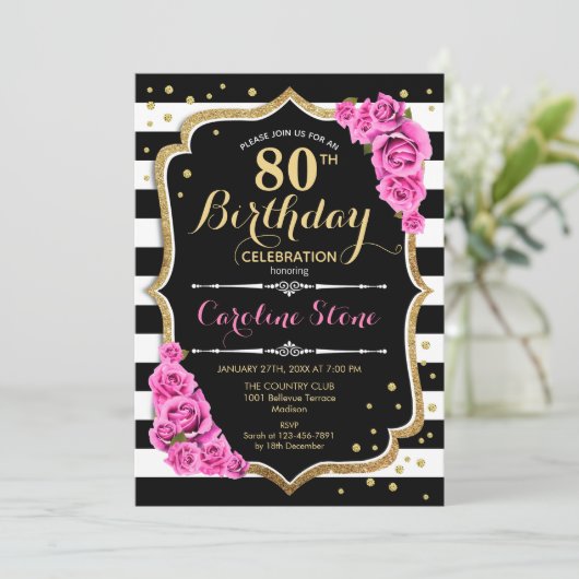 80ste verjaardag uitnodiging roze zwart wit strepe (Staand voorkant)