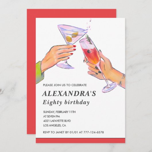 80ste verjaardag uitnodigingen haar Cocktail Fun P (Voorkant / Achterkant)