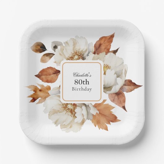 80ste verjaardag vrouwelijke Herfst Bloemen Papieren Bordje (Voorkant)