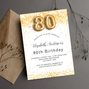 80ste verjaardag wit goud glitters elegant uitnodiging briefkaart
